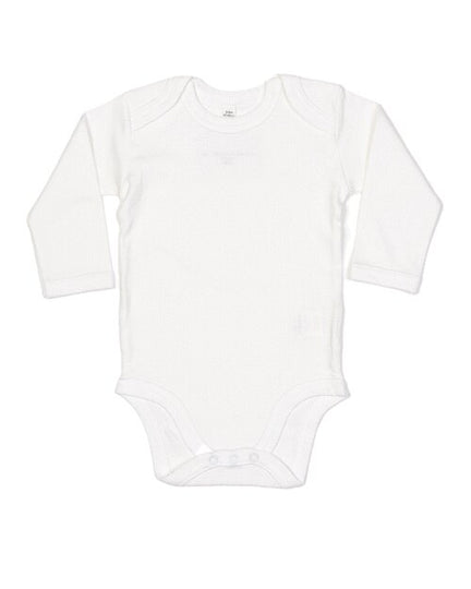 Plain white long-sleeve baby bodysuit by Babybugz, flat lay.