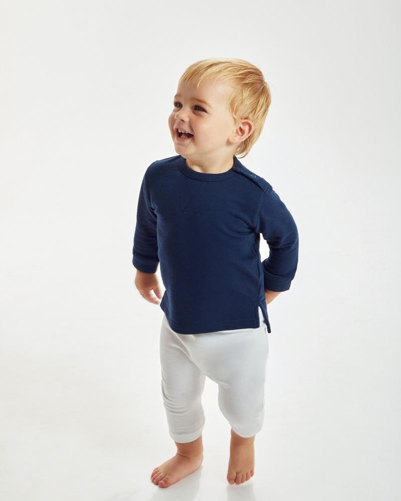 Heather Navy blue baby sweatshirt from Babybugz, worn by a baby.