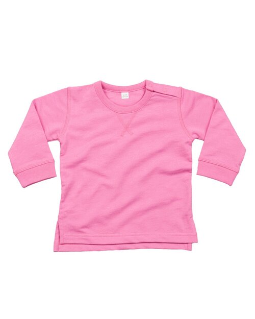 Bubblegum pink baby sweatshirt by Babybugz, flat lay.