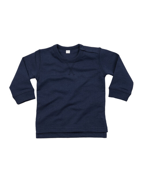 Navy blue baby sweatshirt by Babybugz, shown in a flat lay.