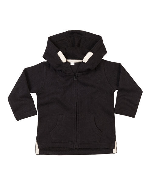 Black zipped baby hoodie by Babybugz, laid flat.