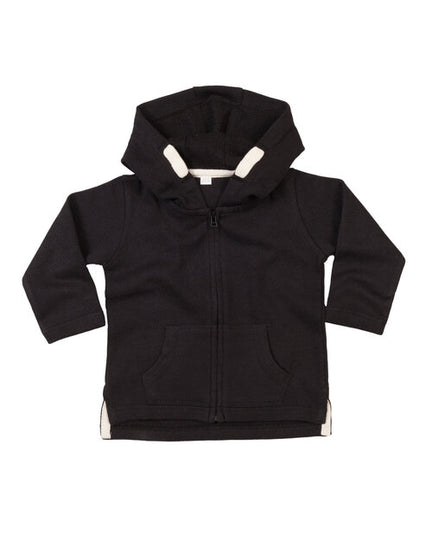 Black zipped baby hoodie by Babybugz, laid flat.