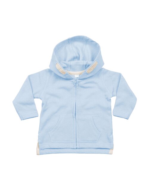 Dusty blue zipped baby hoodie by Babybugz, laid flat.