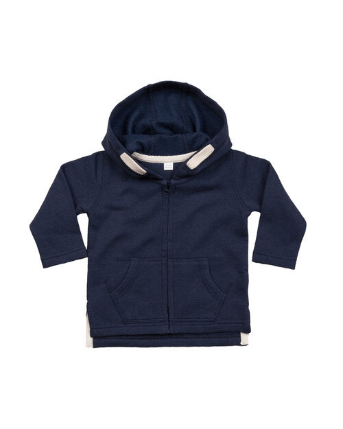 Navy blue zipped baby hoodie by Babybugz, shown in a flat lay.