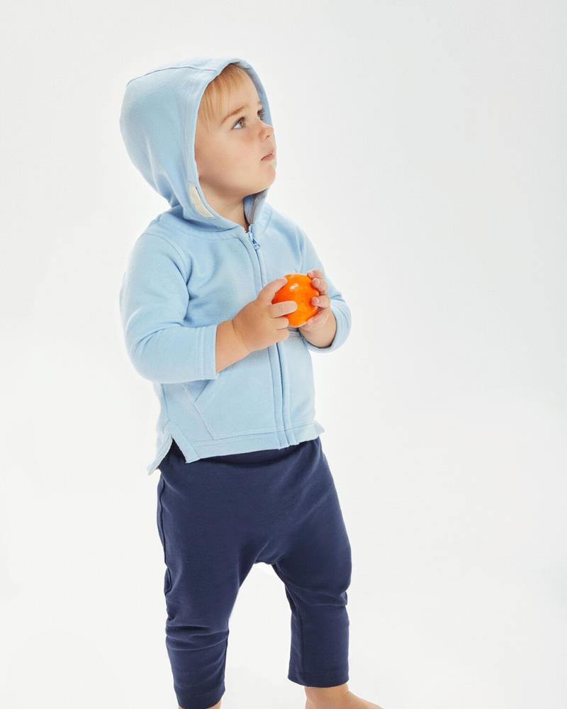 Heather grey zipped baby hoodie by Babybugz, on a baby.