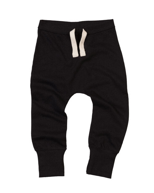 Black baby sweatpants by Babybugz, laid flat.