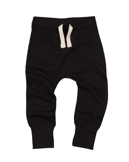 Black baby sweatpants by Babybugz, laid flat.