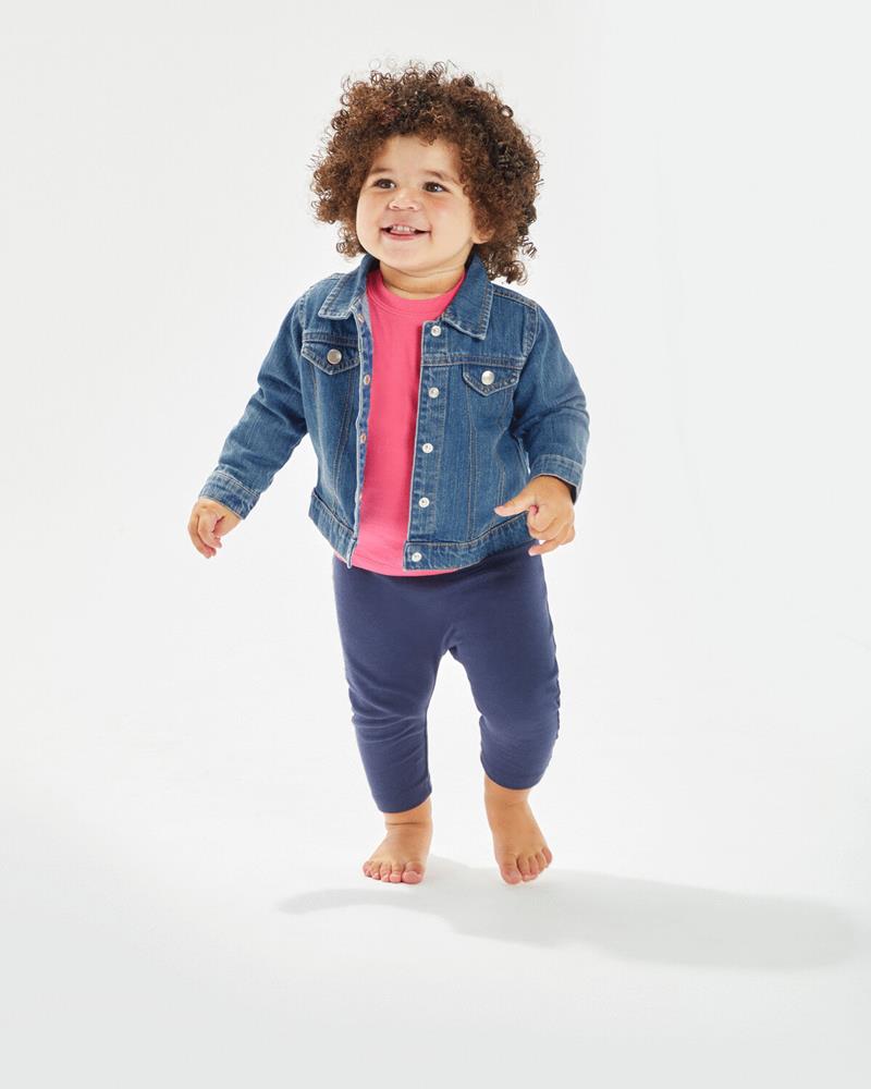 Baby rocks denim jacket by Babybugz, worn by a baby.