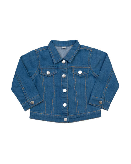 Blue denim baby rocks jacket by Babybugz, laid flat.