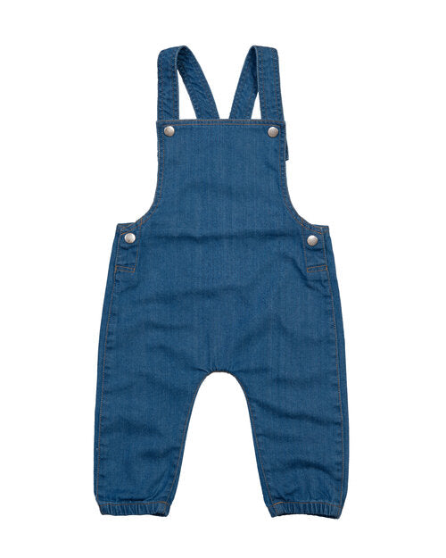 Blue denim baby rocks dungaree by Babybugz, laid flat.