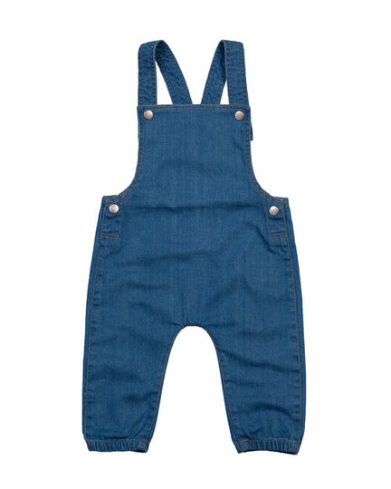 Blue denim baby rocks dungaree by Babybugz, laid flat.