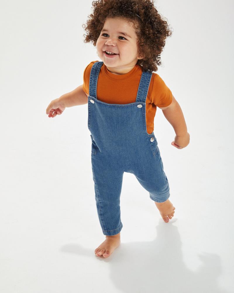 Baby rocks denim dungaree by Babybugz, shown on a baby.