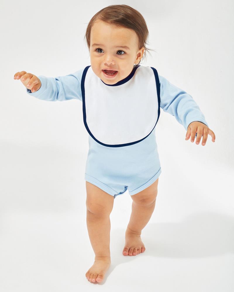 Natural-colored single-layer baby bib from Babybugz, shown in use.