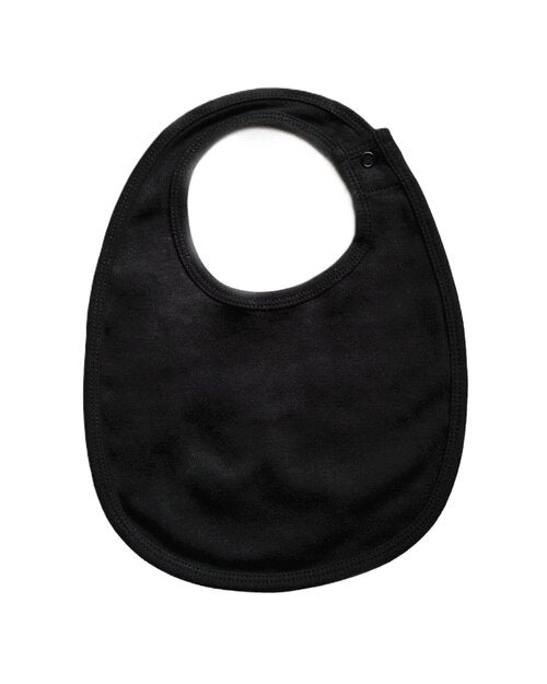 Black single-layer baby bib by Babybugz, laid flat.