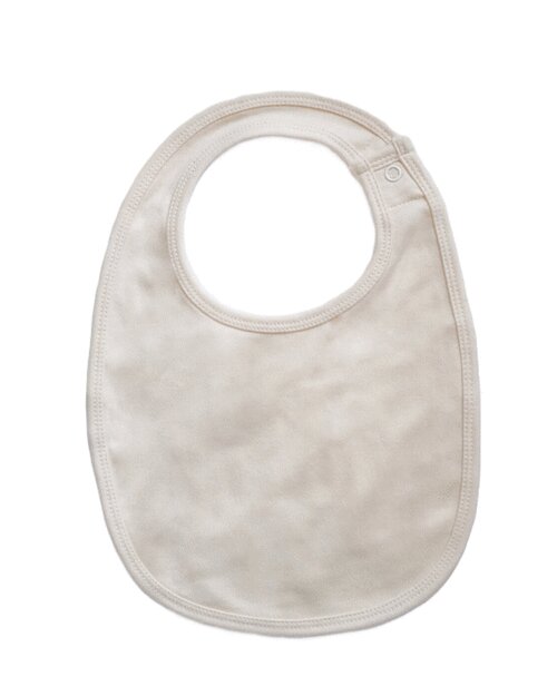 Flat lay of an organic natural single-layer baby bib by Babybugz.
