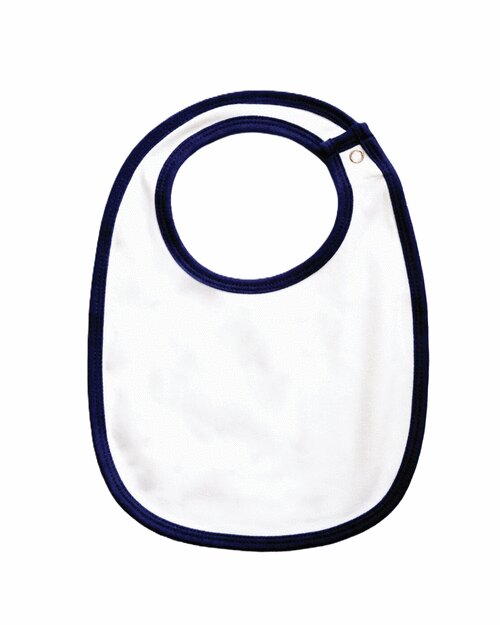 Blue single-layer baby bib with navy blue trim by Babybugz, laid flat.