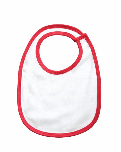 Red single-layer baby bib with red trim from Babybugz, flat lay.