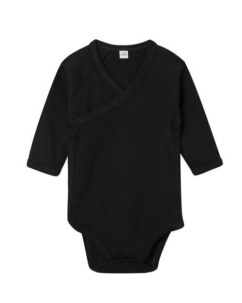 Flat lay of a black Babybugz long-sleeve kimono bodysuit.