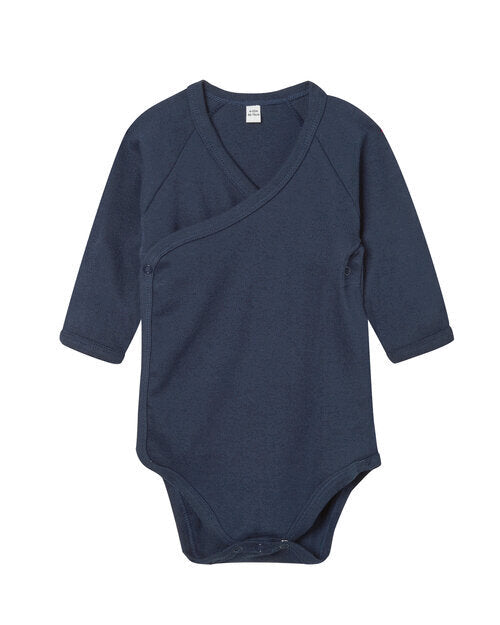 Navy blue Babybugz long-sleeve kimono bodysuit, laid flat.