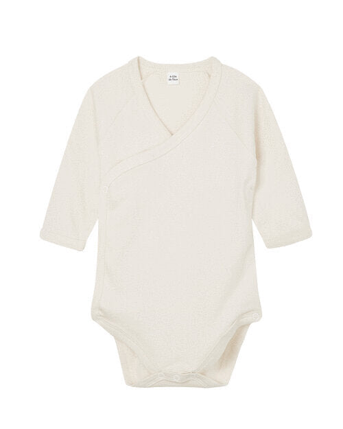 Flat lay of an white natural Babybugz long-sleeve kimono bodysuit.