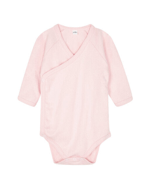 Powder pink Babybugz long-sleeve kimono bodysuit, flat lay.
