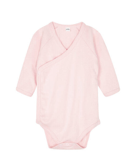 Powder pink Babybugz long-sleeve kimono bodysuit, flat lay.