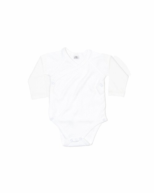 Crisp white Babybugz long-sleeve kimono bodysuit, laid flat.