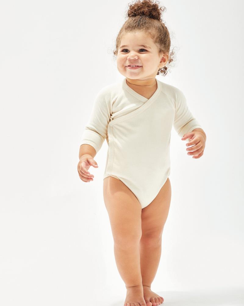Babybugz long-sleeve kimono bodysuit in a natural off-white, shown on a baby.