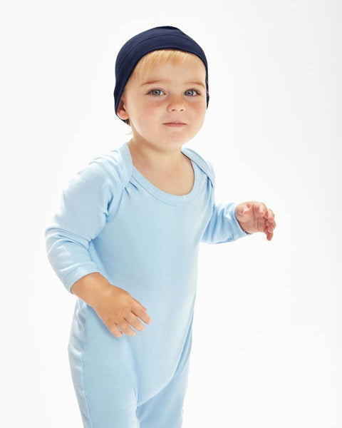 Soft baby hat by Babybugz in a natural color, worn by a baby.