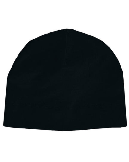 Black baby hat from Babybugz, laid out flat to show shape.