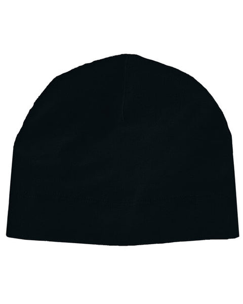 Black baby hat from Babybugz, laid out flat to show shape.