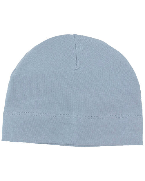 Dusty blue baby hat by Babybugz, shown in a flat lay style.