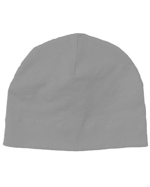 Heather grey marl baby hat from Babybugz, laid flat.