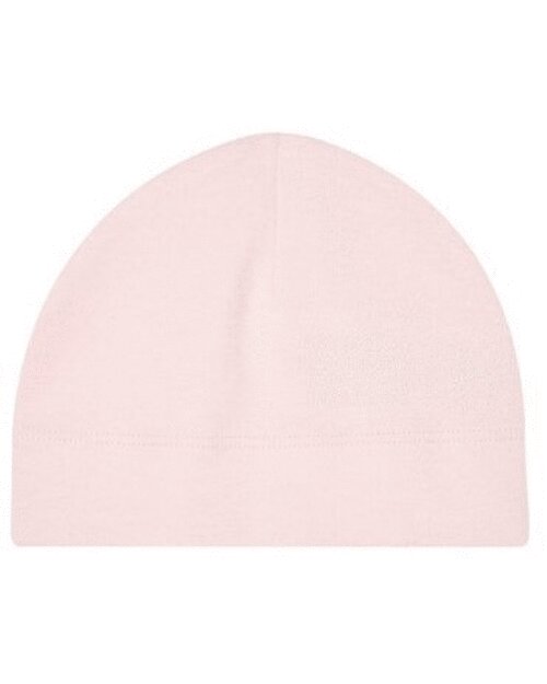 Powder pink baby hat from the Babybugz collection, laid flat.