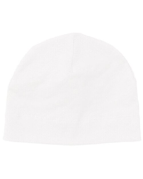 Simple white baby hat by Babybugz, shown in a flat lay.