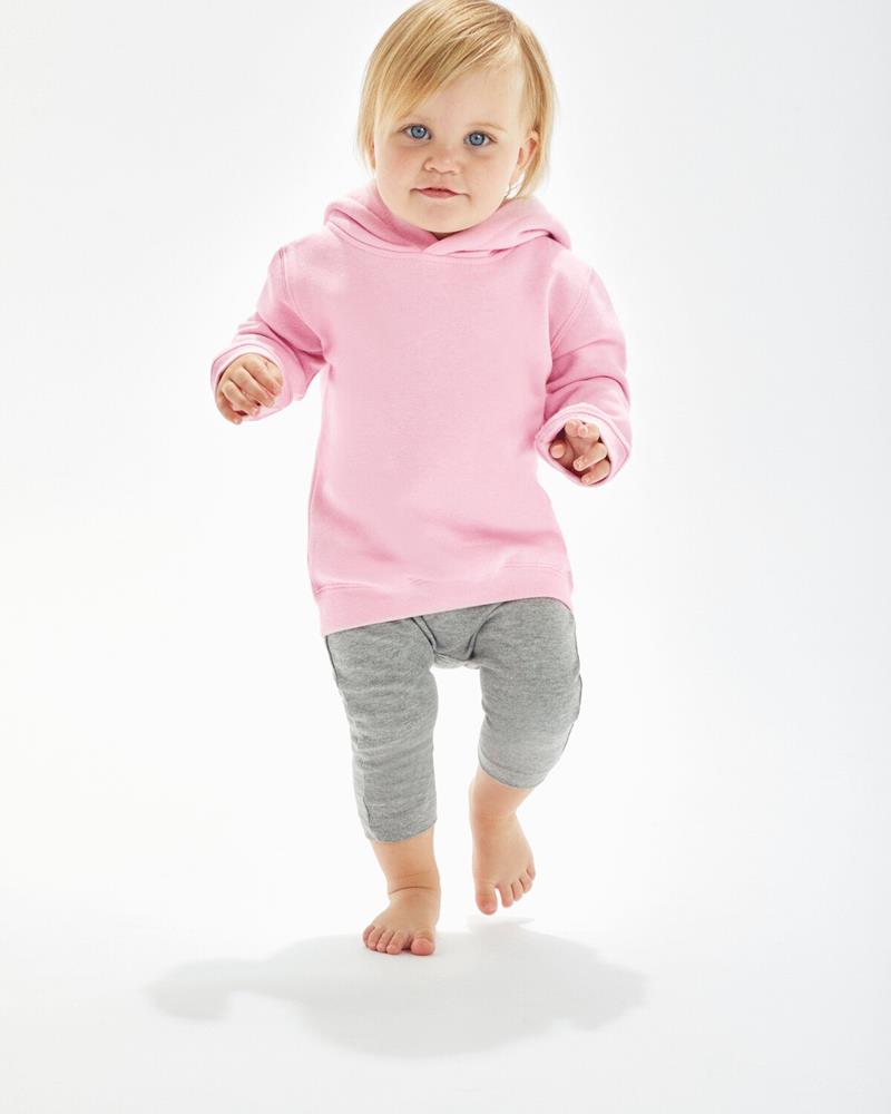 Natural-colored essential baby hoodie from Babybugz, on a baby.