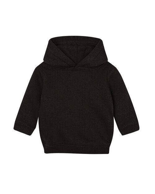 Flat lay of a black essential baby hoodie from Babybugz.
