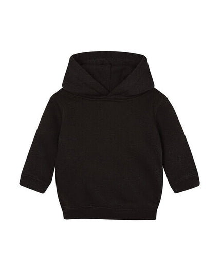 Flat lay of a black essential baby hoodie from Babybugz.