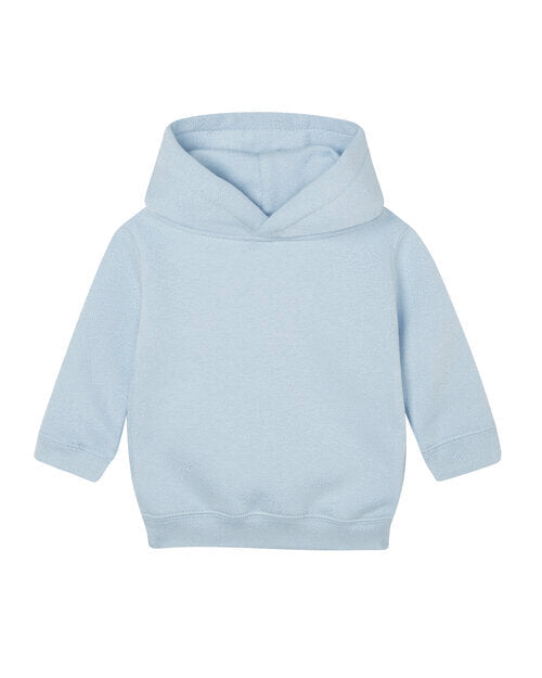 Dusty blue essential baby hoodie by Babybugz, laid flat.