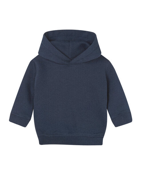 Navy blue essential baby hoodie by Babybugz, flat lay view.