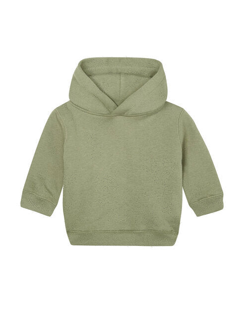 Soft olive essential baby hoodie from Babybugz, laid flat.