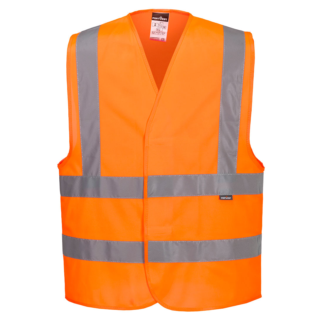 High-visibility orange waterproof safety jacket with taped seams, front view