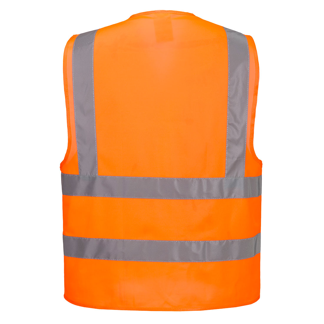 High-visibility orange waterproof safety jacket with taped seams, back view