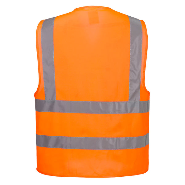 High-visibility orange waterproof safety jacket with taped seams, back view