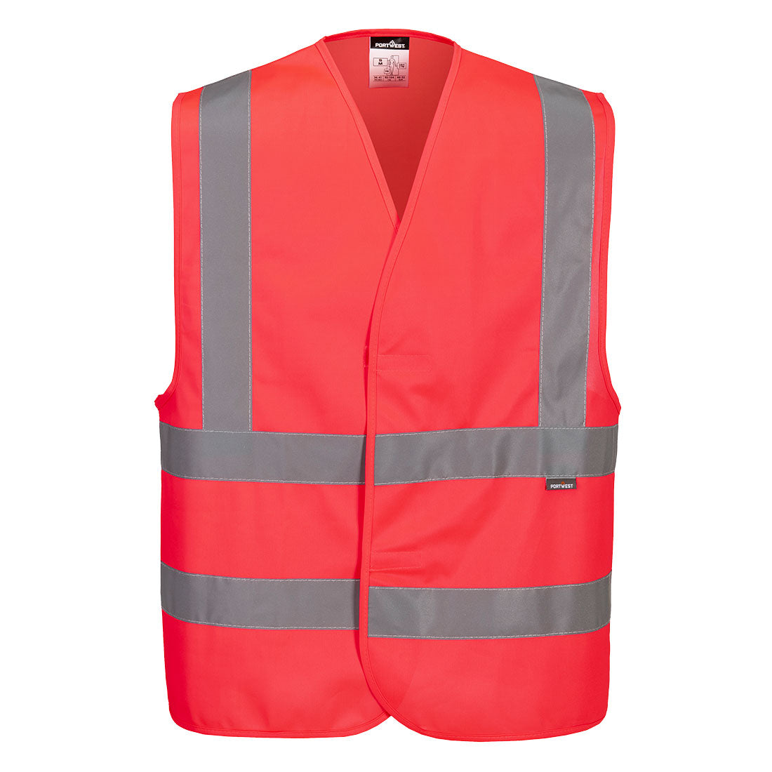 High-visibility red waterproof safety jacket with reflective stripes, front view