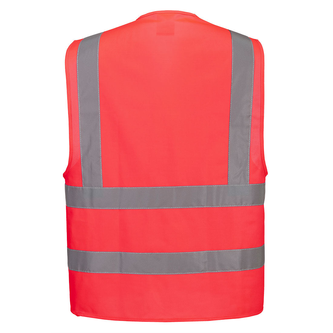 High-visibility red waterproof safety jacket with reflective stripes, back view