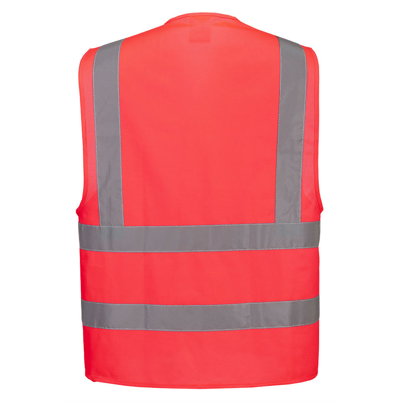 High-visibility red waterproof safety jacket with reflective stripes, back view