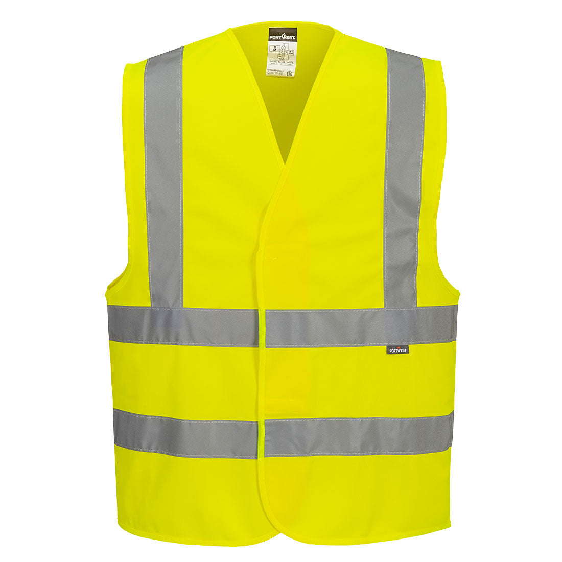 High-visibility yellow waterproof safety jacket with reflective stripes, front view