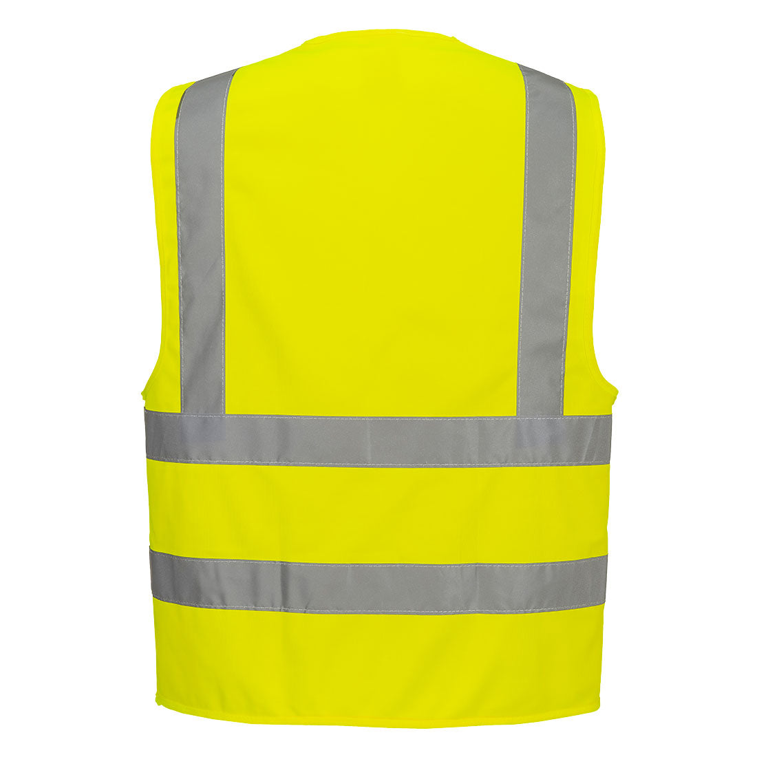 High-visibility yellow waterproof safety jacket with reflective stripes, back view