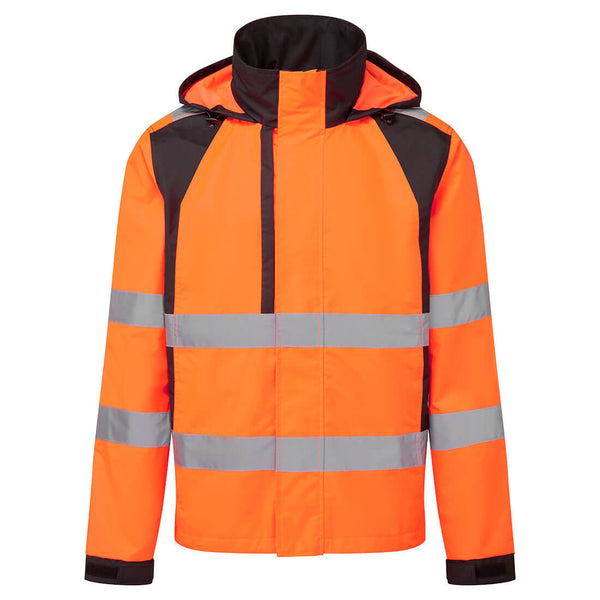 Orange hi-vis coverall with reflective tape, multiple pockets, and zip-up front closure
